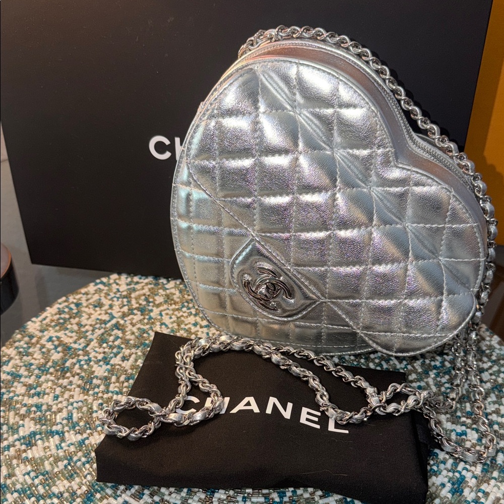 CHANEL Metallic Silver Quilted Heart Crossbody